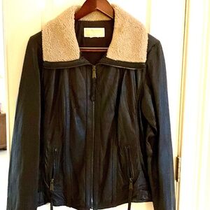MICHAEL KORS Dark Brown Leather Jacket Fur Collar